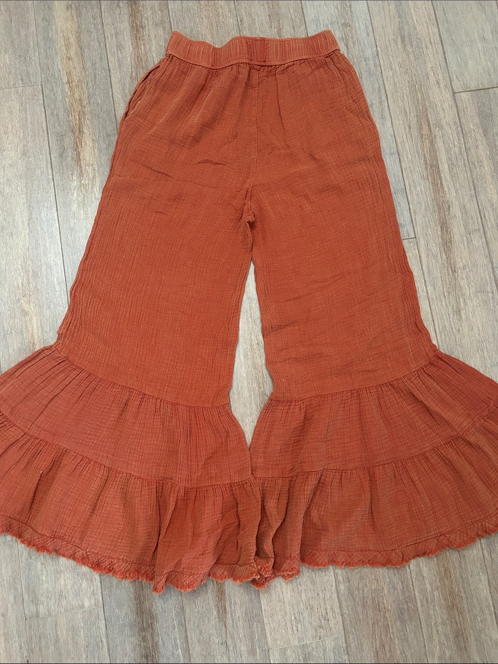 Umgee Orange Rust Wide Leg Ruffle Layered Hem Pants size M